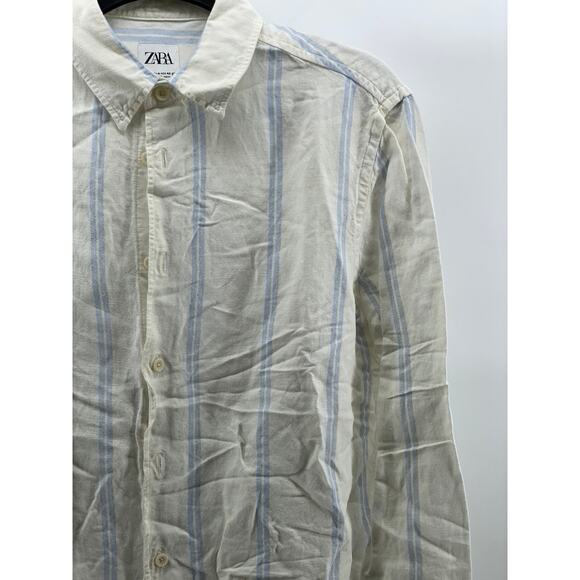 ZARA Men's White-Blue Striped Linen-Blend Button-Up Long Sleeve Top SZ M - Picture 3 of 11